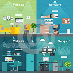 Banner set Office workplace interior design Graphic . Business objects, elements and equipment.
