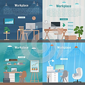 Banner set Office workplace interior design Graphic . Business objects, elements and equipment. Web Printed Materials