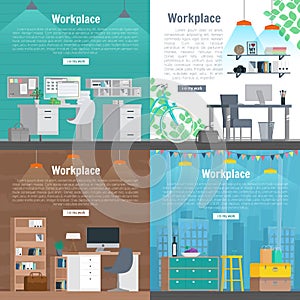 Banner set Office workplace interior design Graphic . Business objects, elements and equipment. Web Printed Materials