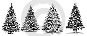 Banner set of sketch Christmas trees with New Year's decor, for your design.