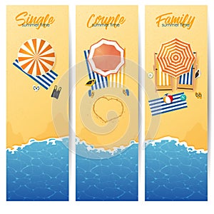 Banner set of Summer beach with turquoise rippled wave and umbrella beach in top view. Seascape background and sand texture.