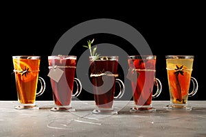 Banner set of tea in mulled. autumn traditional drinks, set punch and mulled wine on christmas. isolated on black