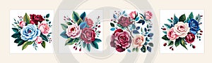 Banner set Watercolor floral bouquet lush pink blue red flower roses green leaf