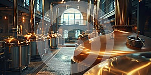 A banner of shiny stainless copper tanks for beer brewing, a modern factory interior.