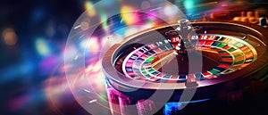 Banner Showcasing A Spinning Roulette Wheel At Casino Las Vegas Casino Roulette Wheel Spinning, Ai Generation With Colorful