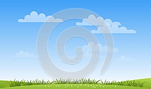 A banner with a simple spring landscape, a meadow with green grass and a blue sky with clouds and copy space. Modern summer