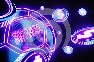 Banner for the site, sports betting, earnings on bets, gambling. Neon soccer ball, blank for advertising, poster, header for