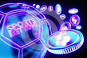 Banner for the site, sports betting, earnings on bets, gambling. Neon soccer ball, blank for advertising, poster, header for