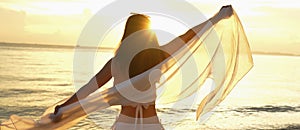 Banner size of attractive young asian woman bikini sexy with shawl on a seaside beach tropical resting and relaxation travel lifes