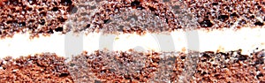 Banner. A slice of chocolate cake with white cream with a curl on a light background.