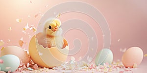 Banner with small chick hatching out of yellow easter egg