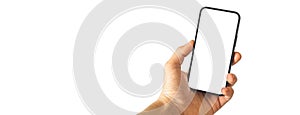 Banner with smartphone mockup, mobile phone with blankn white screen , copy space