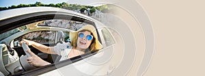 Banner smiling woman wearing hat and sunglasses enjoying her summer road trip in cabrio car copy space. Freedom and