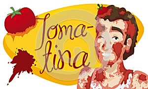 Young Man Covered with Tomatoes over Sign for Tomatina Festival, Vector Illustration photo