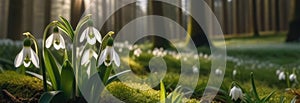 Banner snowdrop flowers with space for text, blossoming, dew drops sparkling in the sunlight, spring flowers on the