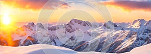 Banner of snowy mountain landscape with sunset. Generative AI