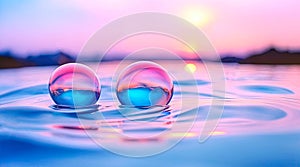 Banner with soap bubbles, shimmering pink and blue and reflecting the sky, above the serene water surface