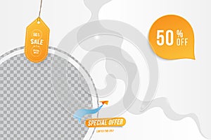 Banner for social page. Special offer Mega Sale 50 Plane with loudspeaker on the transparent background of clouds cut out of paper