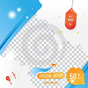 Banner for social page. Special offer Mega Sale 50 Plane with loudspeaker on the transparent background of clouds cut out of paper