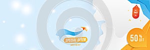 Banner for social page. Special offer Mega Sale 50 Plane with loudspeaker on the white background of clouds cut out of paper and