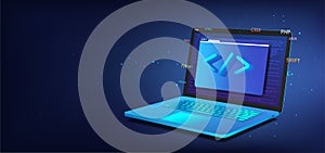 Banner Software development. 3D laptop with programming icon