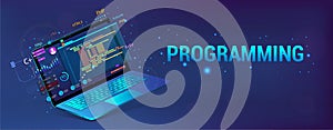 Banner Software Development. Programming, Web Site and App. Laptop with code and UI, UX interface. Development Software