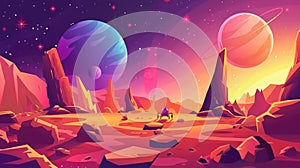 Banner for space exploration with rover on alien planet surface. Modern illustration of planet landscape with explorer