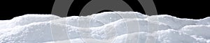 Banner of sparkling fluffy white snow hills isolated on black