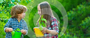Banner with spring child face. Cute little children enjoying on farm. Ecology concept child. Gardening with a kids.
