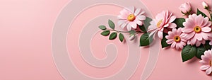 Banner with spring flowers on light pink background. Wother's day background. Womans's day poster. Generative AI