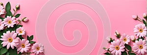 Banner with spring flowers on light pink background. Wother's day background. Womans's day poster. Generative AI