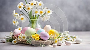 Banner Spring flowers in vase and multi-colored easter eggs on wall background.