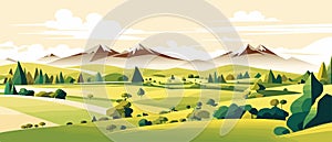 banner Spring landscape with green field and flowers cartoon rural farmland with mountain and forest