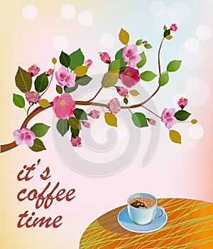 Banner spring leaves blooming cherry blossom. Coffee on the table in the spring. Time to drink coffee