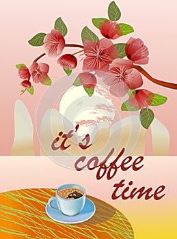 Banner spring leaves blooming cherry blossom. Coffee on the table in the spring. Time to drink coffee