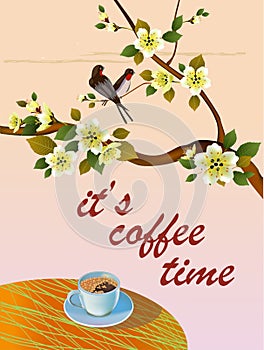 Banner spring leaves blooming cherry blossom. Coffee on the table in the spring. Time to drink coffee