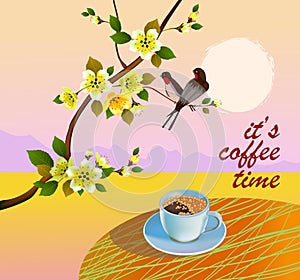 Banner spring leaves blooming cherry blossom. Coffee on the table in the spring. Time to drink coffee