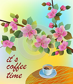 Banner spring leaves blooming cherry blossom. Coffee on the table in the spring. Time to drink coffee