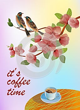 Banner spring leaves blooming cherry blossom. Coffee on the table in the spring. Time to drink coffee