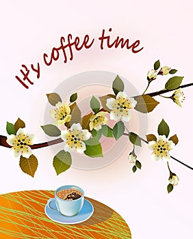 Banner spring leaves blooming cherry blossom. Coffee on the table in the spring. Time to drink coffee