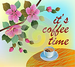 Banner spring leaves blooming cherry blossom. Coffee on the table in the spring. Time to drink coffee