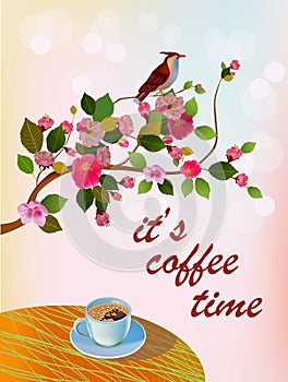 Banner spring leaves blooming cherry blossom. Coffee on the table in the spring. Time to drink coffee