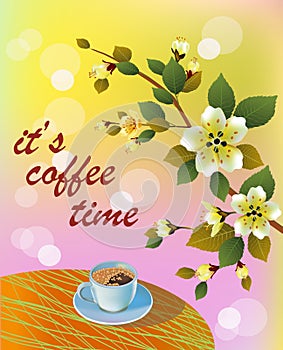 Banner spring leaves blooming cherry blossom. Coffee on the table in the spring. Time to drink coffee