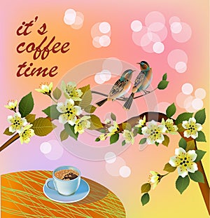 Banner spring leaves blooming cherry blossom. Coffee on the table in the spring. Time to drink coffee