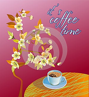 Banner spring leaves blooming cherry blossom. Coffee on the table in the spring. Time to drink coffee