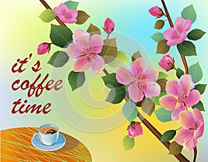 Banner spring leaves blooming cherry blossom. Coffee on the table in the spring. Time to drink coffee