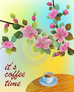 Banner spring leaves blooming cherry blossom. Coffee on the table in the spring. Time to drink coffee