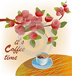 Banner spring leaves blooming cherry blossom. Coffee on the table in the spring. Time to drink coffee