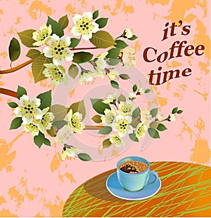 Banner spring leaves blooming cherry blossom. Coffee on the table in the spring. Time to drink coffee