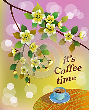 Banner spring leaves blooming cherry blossom. Coffee on the table in the spring. Time to drink coffee